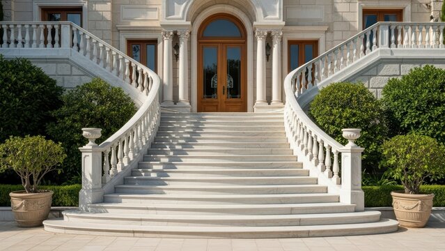 Grand classical staircase entrance with symmetrical design and lush greenery
