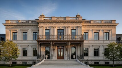 Obraz premium Neoclassical mansion facade with ornate details and symmetrical design