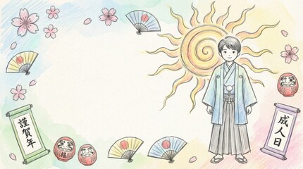 hand-drawn clipart collection template for coming of age day japan illustration template featuring young figure standing beside large stylised sun 