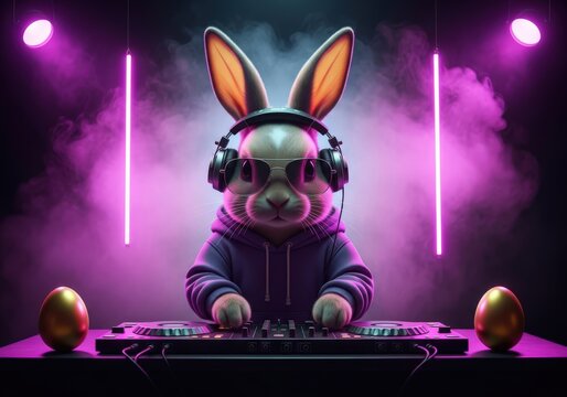Cool rabbit DJ wearing headphones and sunglasses at a lively concert