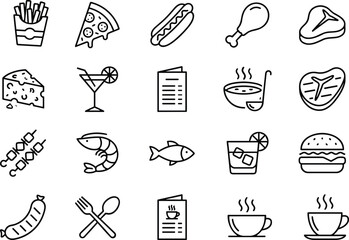 Collection of hand-drawn food and drink line icons featuring snacks, meals, beverages, desserts, and restaurant elements for menus, apps, and branding