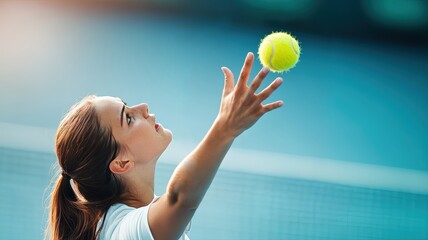 Young woman serving tennis ball on outdoor court with focused concentration and dynamic action.