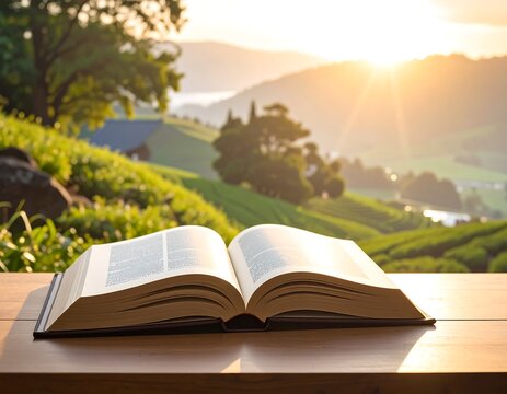 Open book on a wood surface with a scenic background