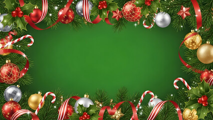 A festive Christmas border with fir branches, red ribbons, shiny ornaments, and holly berries on a green background.