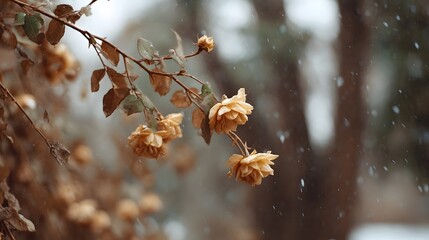 Close up of wilted yellow roses and dry leaves on a branch softly dusted by falling snow evoking tranquility and ephemeral beauty