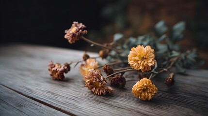 Naklejka premium Dried autumn flowers with faded petals rest on a rustic wooden table in moody light