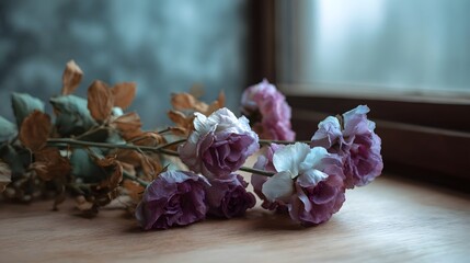 Naklejka premium Wilted purple and white roses with dry leaves on a wooden table in soft light