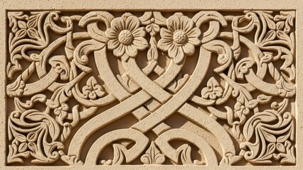 Intricate floral stone carving in sandstone with floral motifs and curved patterns
