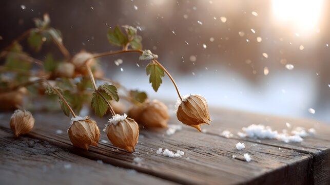 Dried seed pods and leaves with falling snow on a rustic wooden table during golden hour