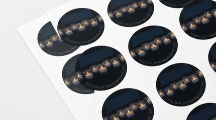 geometric round sticker sheet template for holocaust remembrance day memorial illustration template featuring row of small candles on a dark background on pure white background isolated for easy use