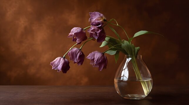 Dramatic still life featuring wilting purple tulips in a clear glass vase set against a richly textured brown background