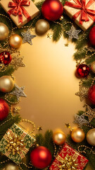 Elegant holiday border with red and gold Christmas ornaments, gift boxes, and evergreen branches framing a shimmering golden background.