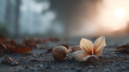A solitary withered flower petal and seed pods rest on a textured path illuminated by the soft warm light of a sunset breaking through a gentle mist