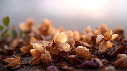 Close up of dried hop cones scattered on the ground bathed in soft warm autumn sunlight