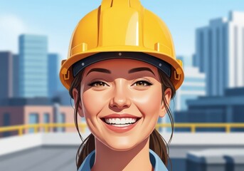 Smiling female construction worker wearing a yellow hard hat