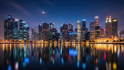 Singapore cityscape at night with reflections and modern skyscrapers