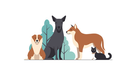 Charming dogs and sleek cat enjoying the outdoors together in a stylish flat design, perfect for pet-related promotions and heartwarming animal content
