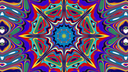 Vivid kaleidoscope design featuring abstract geometric shapes with a vibrant multicolored palette.