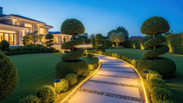Elegant european mansion with beautifully lit garden pathway at dusk - Powered by Adobe