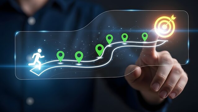 Business person points to digital roadmap with goals and milestones