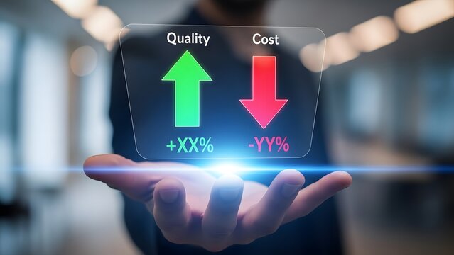 Hand holding futuristic screen with stock market up and down arrows