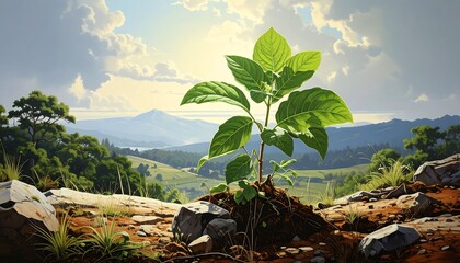 Vibrant green plant sprout against a scenic landscape with rolling hills, clouds, and soft, diffused sunlight