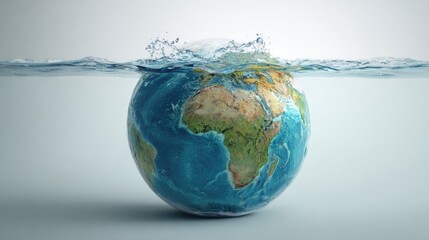 Fototapeta premium Earth's globe partially submerged in water with energetic splashes, powerfully symbolizing rising sea levels, climate change, and global environmental challenges.