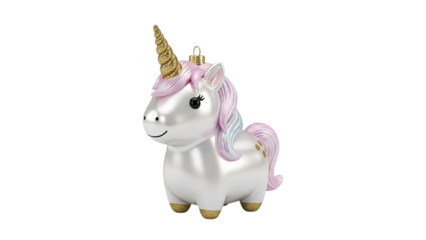 A cute unicorn ornament with a golden horn and pastel mane against a black background in a studio shot