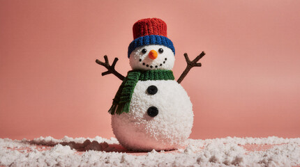 Snowman stands on a pink background with a colorful hat and scarf during winter holiday season