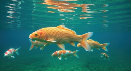 Naklejka premium Underwater view of several colorful koi fish swimming together