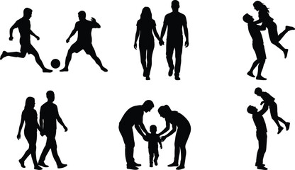 Black Silhouette Set of People Activities Family Love Sports Leisure Lifestyle Walking Playing Raising Child Vector Illustration Icon Collection