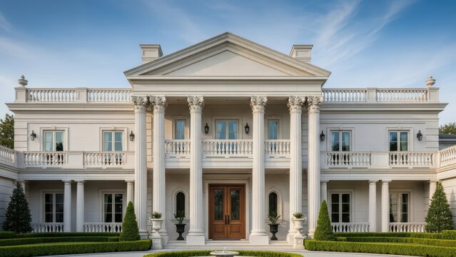Elegant neoclassical mansion with columns and symmetrical design - Powered by Adobe