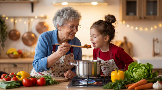 Elderly woman and young girl cook together in a kitchen using fresh vegetables and sharing food moments in the evening