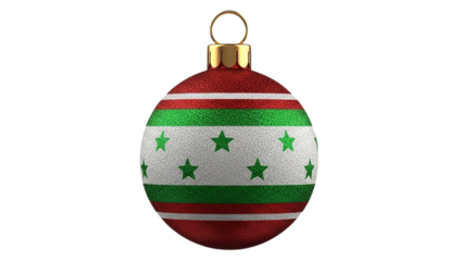 Close up of a christmas ornament with red and green stripes and green stars on a white background