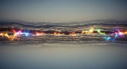 Layered cracked earth with glowing colorful energy radiating from within the crevice