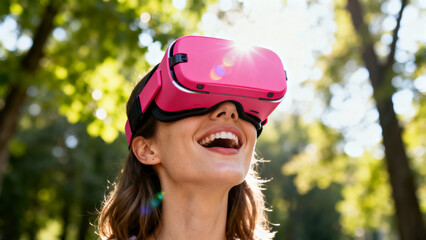 Smiling person wearing pink virtual reality headset in a sunny park