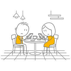 The Loneliness Of The Digital Age. Two Lovers Drifting Away From Togetherness In A Cafe Setting