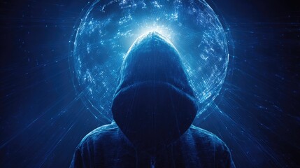 A mysterious hooded figure silhouetted against a glowing digital globe, embodying the themes of cybersecurity, hacking, global networks, and online anonymity.