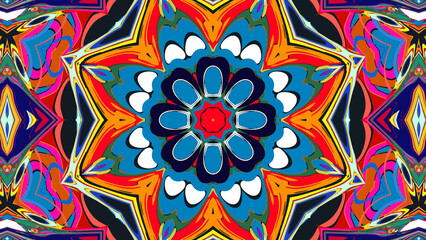 Kaleidoscopic geometric design with perfect symmetry and vibrant rainbow colors, creating a bold psychedelic visual effect. Ideal for digital art, music visuals, and retro designs.