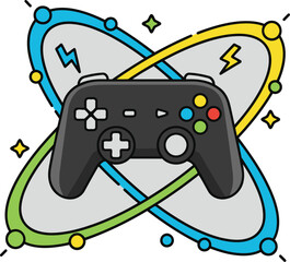 Immersive controller reveals futuristic gaming excitement with vibrant abstract shapes and lightning effects