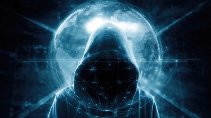 Mysterious hooded hacker stands before a glowing digital globe, symbolizing global cyber threats, network security, and online anonymity.