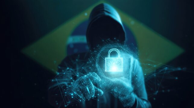 Hooded figure with glowing digital padlock and network. Symbolizes cybersecurity, data protection, and cybercrime in Brazil, featuring its national flag backdrop.