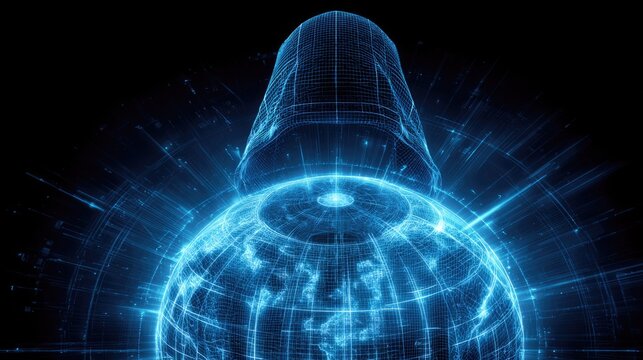 A luminous blue wireframe hooded figure, a hacker, looms over a glowing digital globe, symbolizing global cyber threats, data security, and network control. - Powered by Adobe