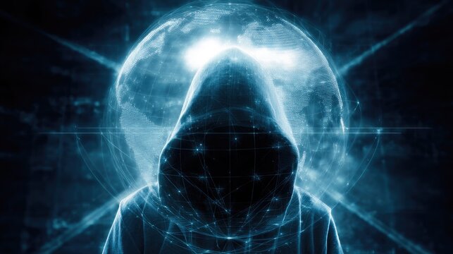 Mysterious hooded hacker stands before a glowing digital globe, symbolizing global cyber threats, network security, and online anonymity.