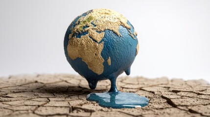 A melting Earth drips water onto parched, cracked ground, symbolizing global warming, climate change, drought, and the urgent environmental crisis.