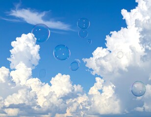 Soap bubbles floating gracefully amid fluffy white clouds and a blue sky