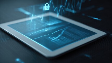 Digital tablet displaying secure data analytics with glowing blue graphs and a padlock icon, representing cybersecurity, privacy, and business intelligence.