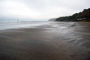 Low Tide Beach Scene with Wet Sand, Sea Cliff, and Overcast Sky