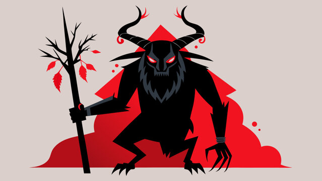 Krampus crouching with a stick in front of red mountain shape, traditional Christmas demon from Alpine folklore in flat style