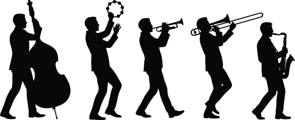 Jazz Brass Band Musicians Vector Silhouettes Set, Men Playing Musical Instruments Like Trumpet, Saxophone, Trombone and Double Bass, Live Music Performance Isolated on White Background for Design © Mst Jotsna